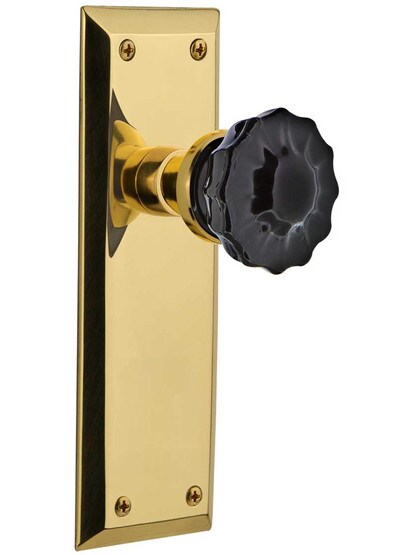 New York Door Set with Colored Fluted Crystal Glass Knobs Black in Un-Lacquered Brass.